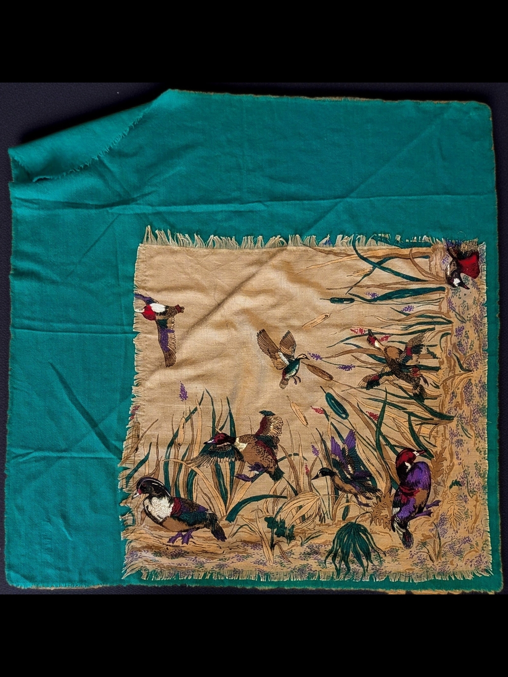80s Vintage Ginnie Johansen Pure Wool Layered Bird Print Square Scarf 30"X30"